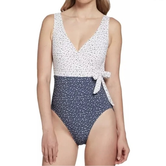 Calia Wrap Tie One Piece Swimsuit Women's 6 NWT Dotted White/Blue Summer V Neck - Picture 1 of 16